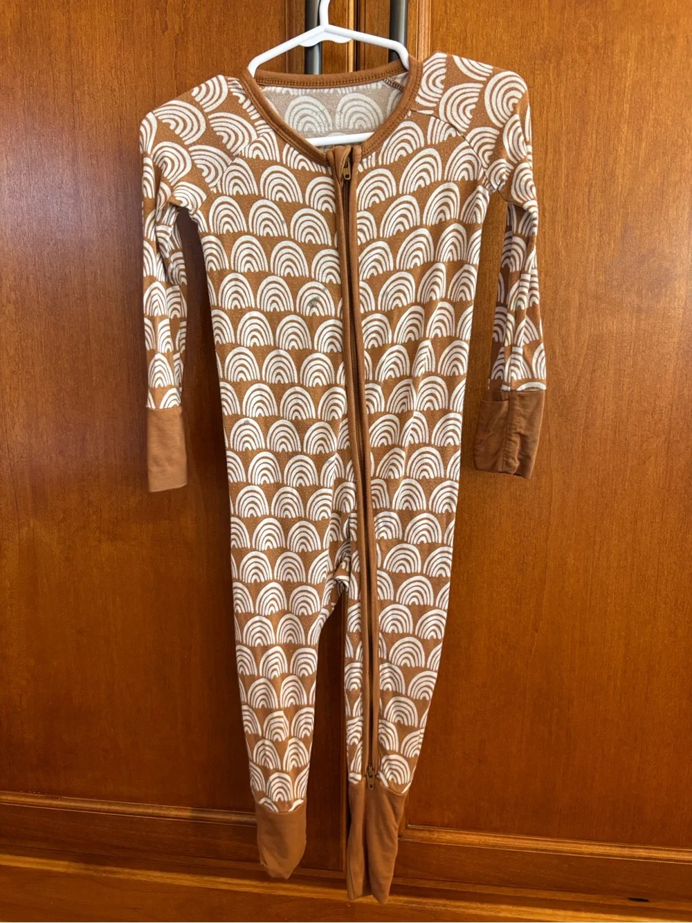Little Sleepies Brown Footed Zip One-Piece Pajamas with White Rainbow Print